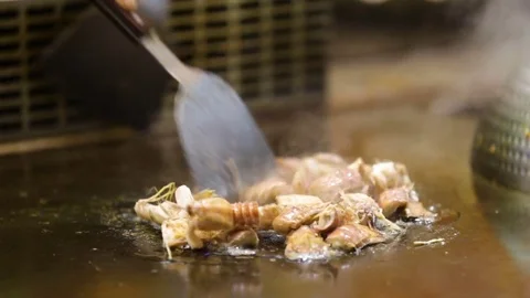 Fried shrimps in a shell on a hot surface 스톡 동영상 74358196