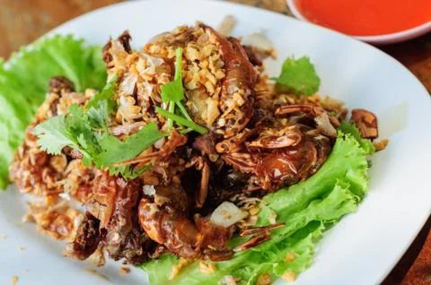 The fried soft shell crab with garlic. Stock Photos