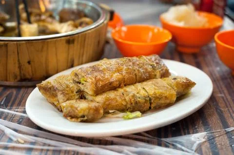 Fried spring roll served at a Hong Kong dai pai dong Stock Photos