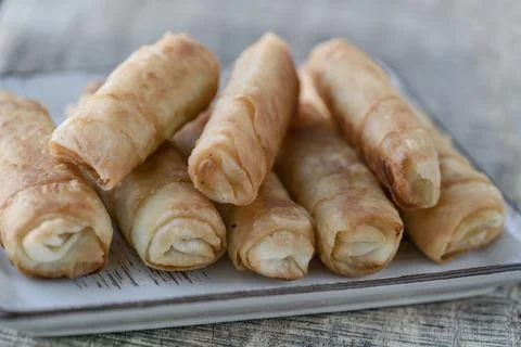 Fried spring rolls made by phyllo dough on the table Stock Photos