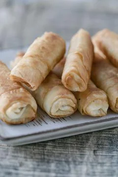 Fried spring rolls made by phyllo dough on the table Stock Photos