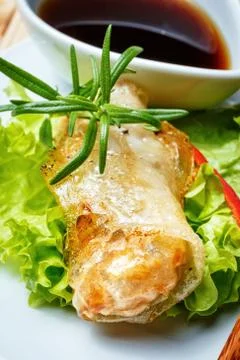 Fried spring rolls on red bamboo mat Stock Photos