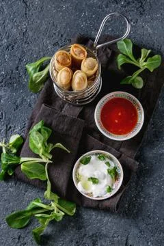 Fried spring rolls with sauce Stock Photos