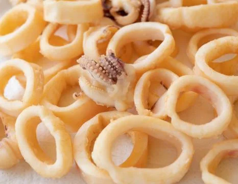 Fried squids close up on isolated background 库存照片