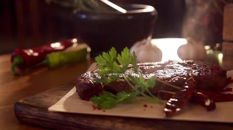 Fried stake in slow motion Stock Footage 67860641
