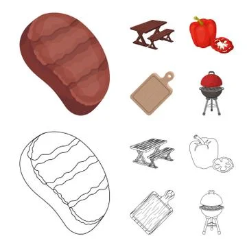 Fried steak, table with a bench for relaxation, sweet pepper, cutting board.BBQ Stock Illustration
