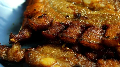 Fried  streaky pork   in plate  , in studio Chiangmai Thailand Stock Footage 120456738