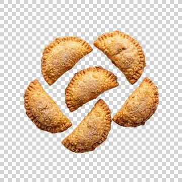 Fried sweet empanadas with sugar dusting arrangement. Stock Photos