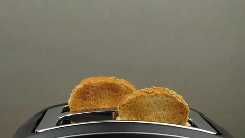 Fried toast bread pops out of a modern toaster, slow motion Stock Footage 237608714