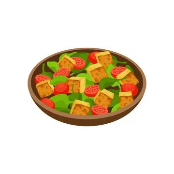 Fried tofu salad vector illustration. Spinach and tofu vegan food. Stock Illustration