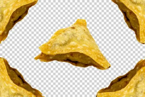 Fried triangular samosas arranged in a repeating pattern. Stock Photos
