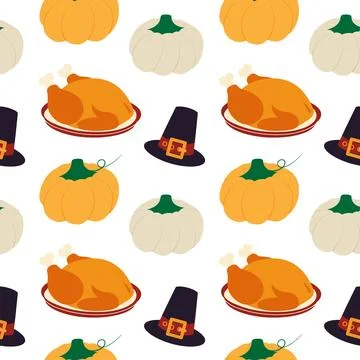 Fried Turkey on dish Orange and White Pumpkin and Pilgrim hat Seamless Pattern Stock Illustration