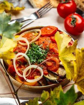 Fried vegetable salad topped with mashed tomatoes and herbs Stock Photos