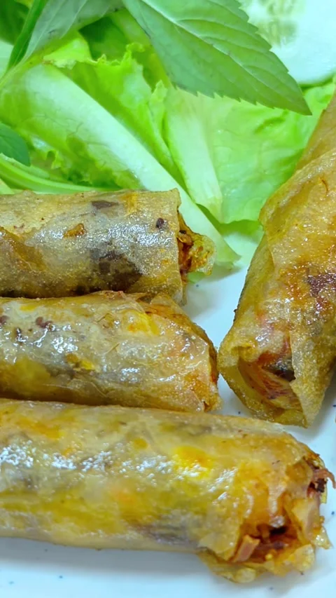 Fried vegetable spring rolls. Crispy spring rolls served on white plate. Stock Footage 336796819