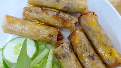 Fried vegetable spring rolls. Crispy spring rolls served on white plate. Stock Footage 336913558