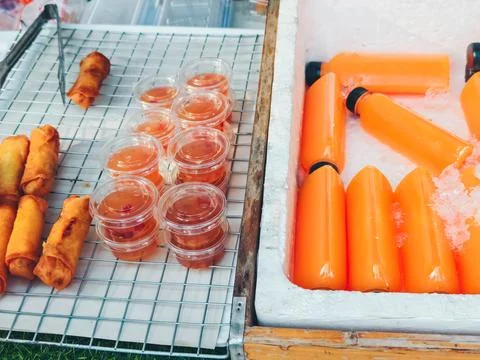 Fried vegetable spring rolls, fast food, street food in Thailand. Local market. Stock Photos