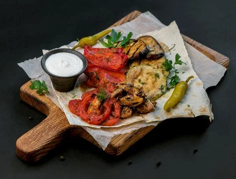 Fried vegetables on a cutting board on a dark wooden background Stock Photos
