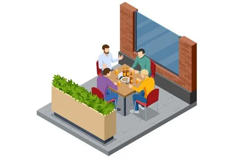 Friend at cafe table. Isometric cafe scene with friend at table, drink and snack Stock Illustration