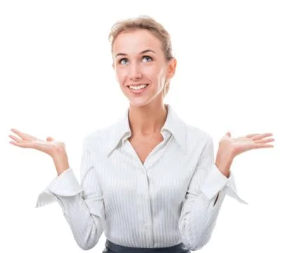 Friendly administrative assistant making hand gestures Stock Photos