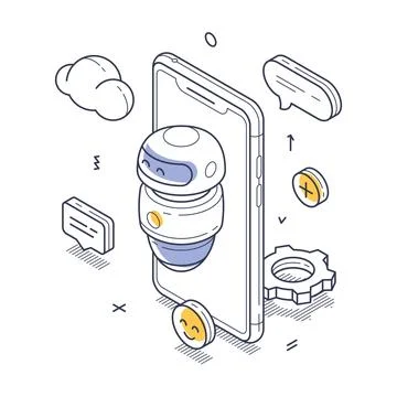 Friendly ai chat bot robot interacting with a smartphone design in a digita.. Stock Illustration