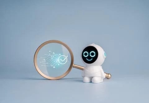 Friendly AI cute robot uses magnifying glass to inspect digital circuitry a.. Foto stock