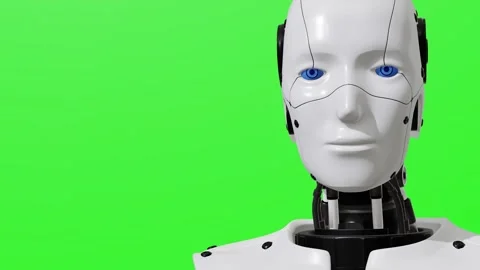 Friendly AI robot face looking at the camera on a green screen background, Vidéo 342619299