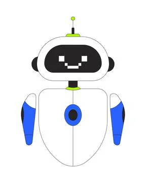 Friendly AI robot with pixelated smile 2D cartoon character Stock Illustration