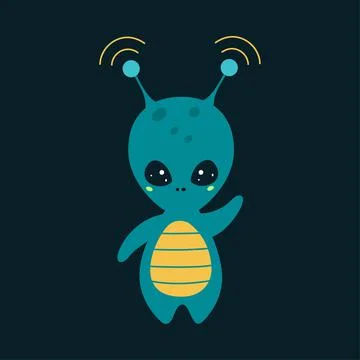 Friendly Alien with Antenna Waving Hand Vector Illustration Illustrazione stock