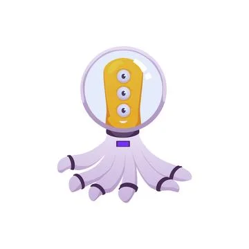 Friendly alien character octopus with three eyes, helmet and spacesuit, vector Illustrazione stock