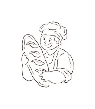 A friendly baker in a chef hat proudly holds a large loaf of fresh crusty bre Stock Illustration