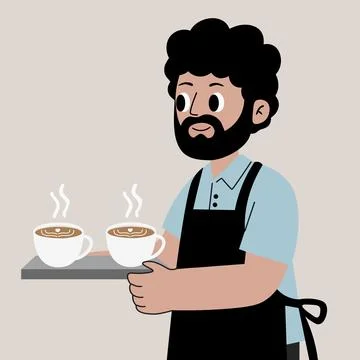 Friendly barista character presenting two hot coffee cups with heart latte art Stock Illustration