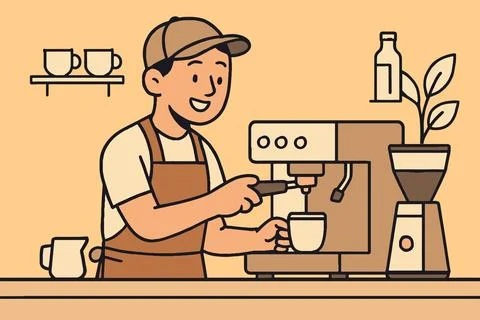 Friendly barista making coffee with espresso machine and grinder Stock Illustration