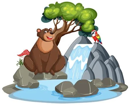 Friendly Bear and Parrot by Waterfall Illustrazione stock