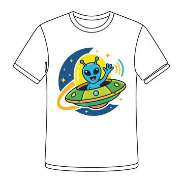 Friendly blue alien flying saucer graphic t shirt with spaceship, creature Ilustración de archivo