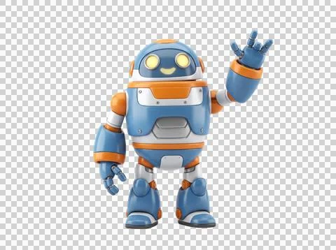 Friendly blue and orange robot character waving hand for technology themed .. Illustrazione stock