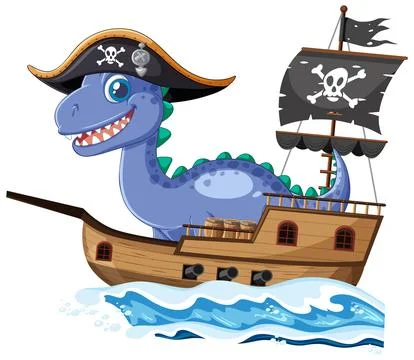 Friendly Blue Dinosaur Pirate Sailing on a Wooden Ship Over Waves Stock Illustration