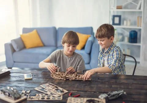 Friendly boys smiling while working on their wooden constructor Stock Photos