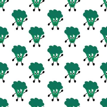 Friendly Broccoli seamless pattern. Vegetable simple doodle style wallpaper. Stock Illustration
