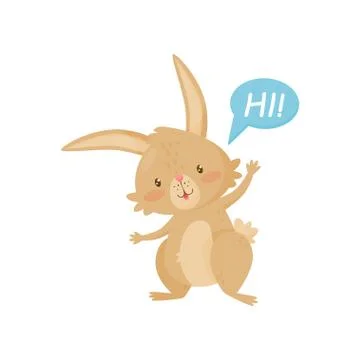 Friendly brown rabbit saying Hi . Little bunny with pink cheeks and shiny eyes Stock Illustration