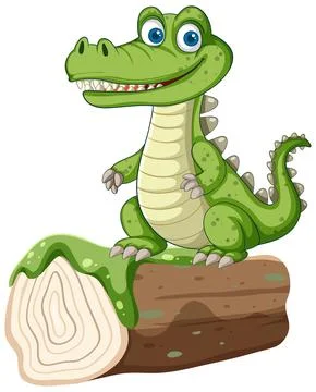 Friendly Cartoon Crocodile Standing on a Log Vector Illustration Stock Illustration