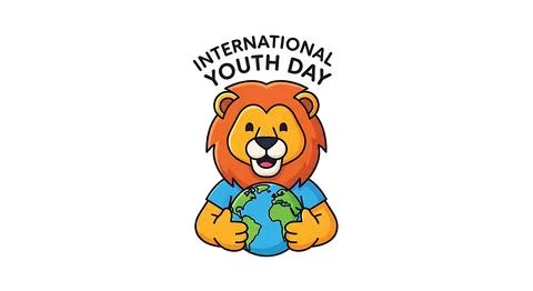 Friendly cartoon lion holding globe for international youth day celebration.. Stock Illustration