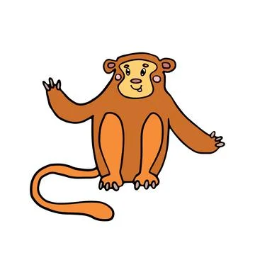 A friendly cartoon monkey with a warm brown coat, waving hello. Ideal for Stock Illustration