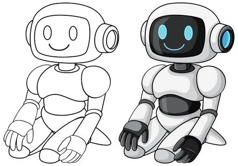 Friendly Cartoon Robot Sitting with Outline and Color Versions Stock Illustration