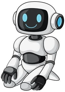 Friendly Cartoon Robot Sitting with Smiling Face Stockillustratie