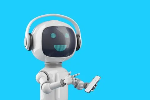 Friendly cartoon style chat robot with mobile phone. 3d illustration. Illustrazione stock