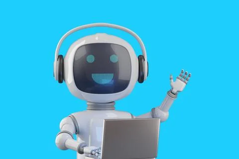Friendly cartoon style chat robot with laptop waving hello. 3d illustration. Illustrazione stock