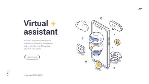 A friendly chat bot virtual assistant surrounded by digital icons. Communicat Stock Illustration