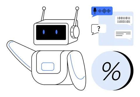 Friendly chatbot with antennae and speech bubbles containing binary code and  스톡 일러스트