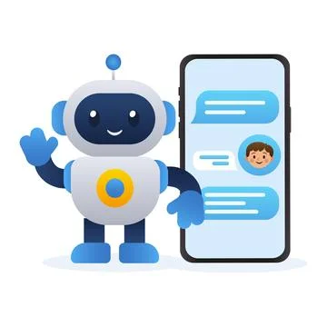 Friendly chatbot robot with smartphone vector illustration of AI assistant... Stock Illustration