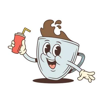 Friendly coffee cup cartoon character making a toast with a drink. Retro masc Stock Illustration